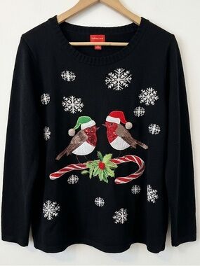 Holiday Lane Black Merry Robins Embellished Christmas Sweater Plus Size 1X